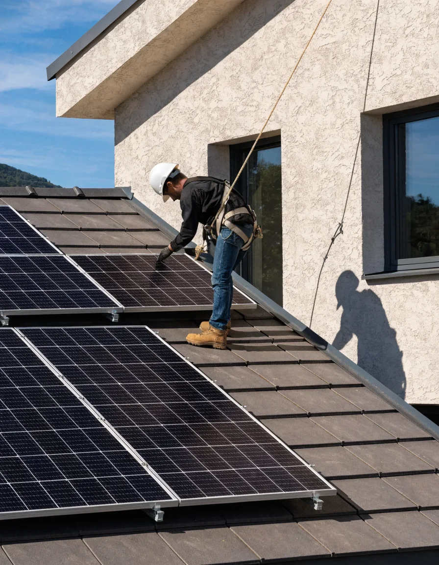 Couvreur ECOTHIB casqué et harnaché installant des panneaux solaires sur un toit en toute sécurité