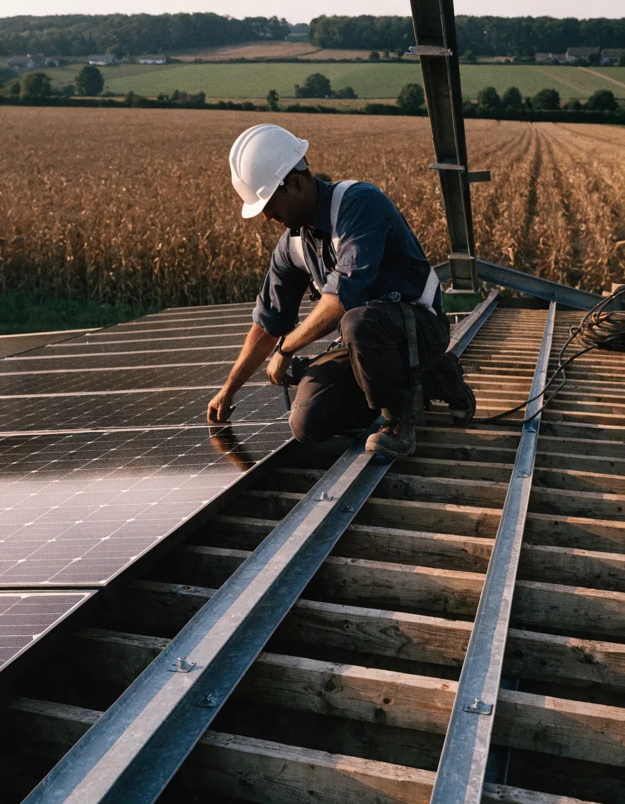 Couvreur ECOTHIB installant des panneaux solaires sur un hangar agricole