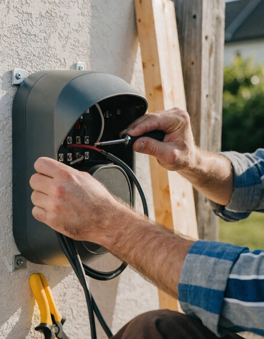 Électricien ECOTHIB câblant une borne de recharge pour véhicule électrique