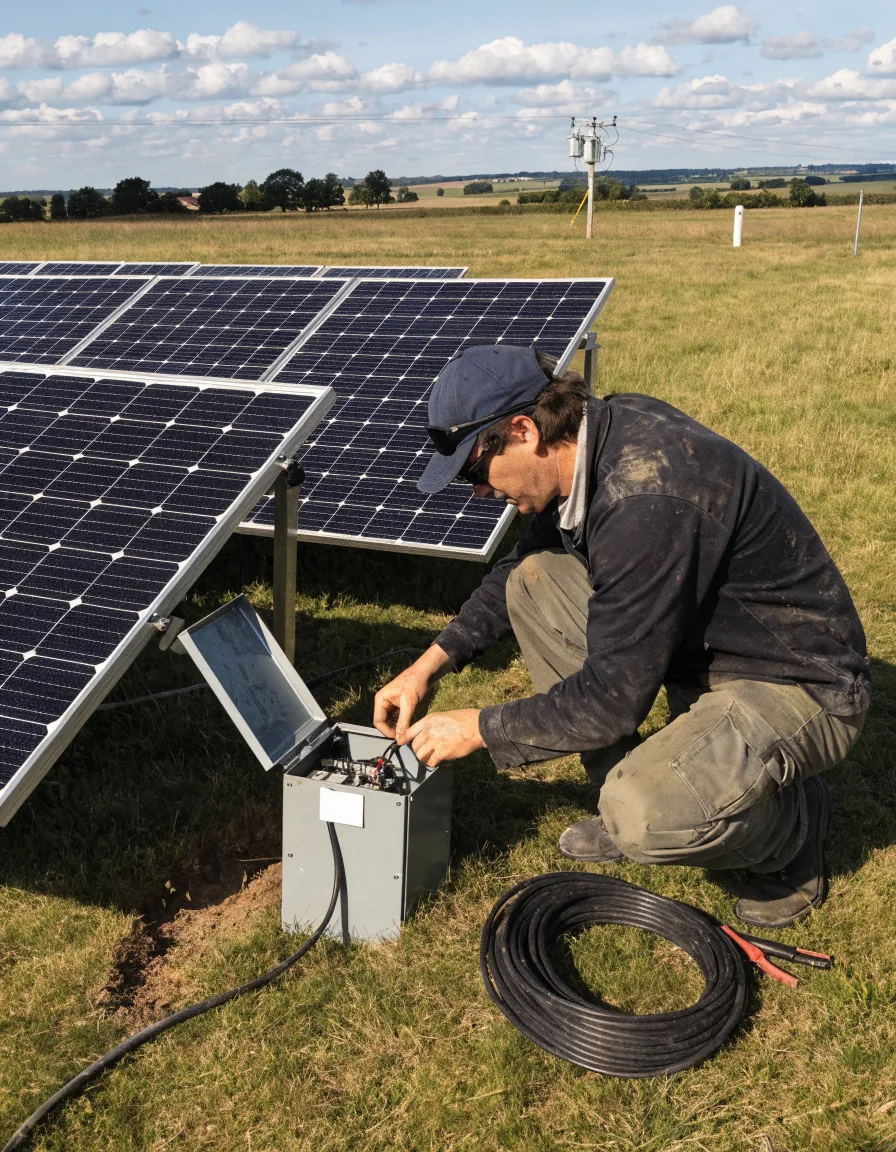 Électricien ECOTHIB raccordant une installation de panneaux solaires au sol en Normandie