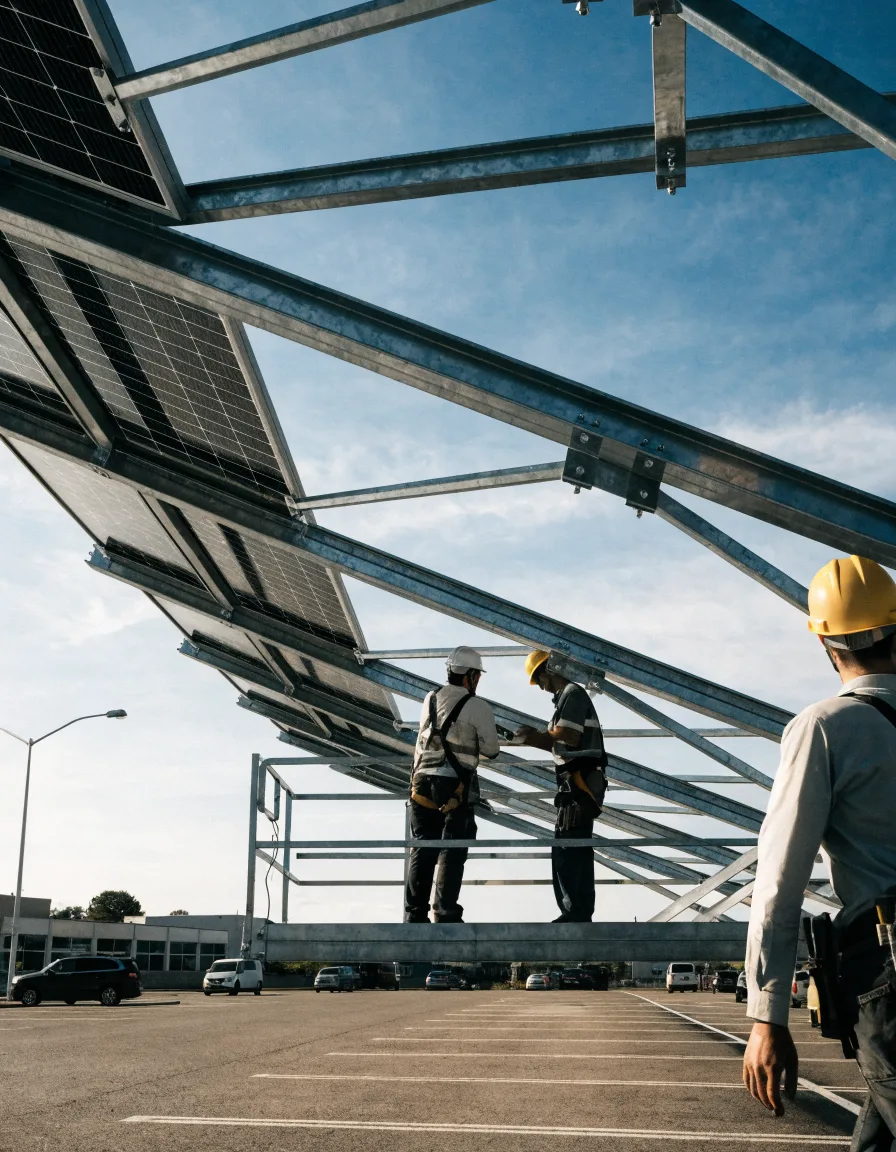 Équipe ECOTHIB installant une ombrière de parking photovoltaïque en Normandie