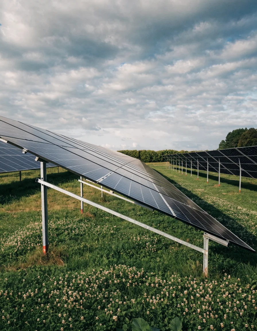 Panneaux solaires photovoltaïques installés au sol sur un terrain en Normandie