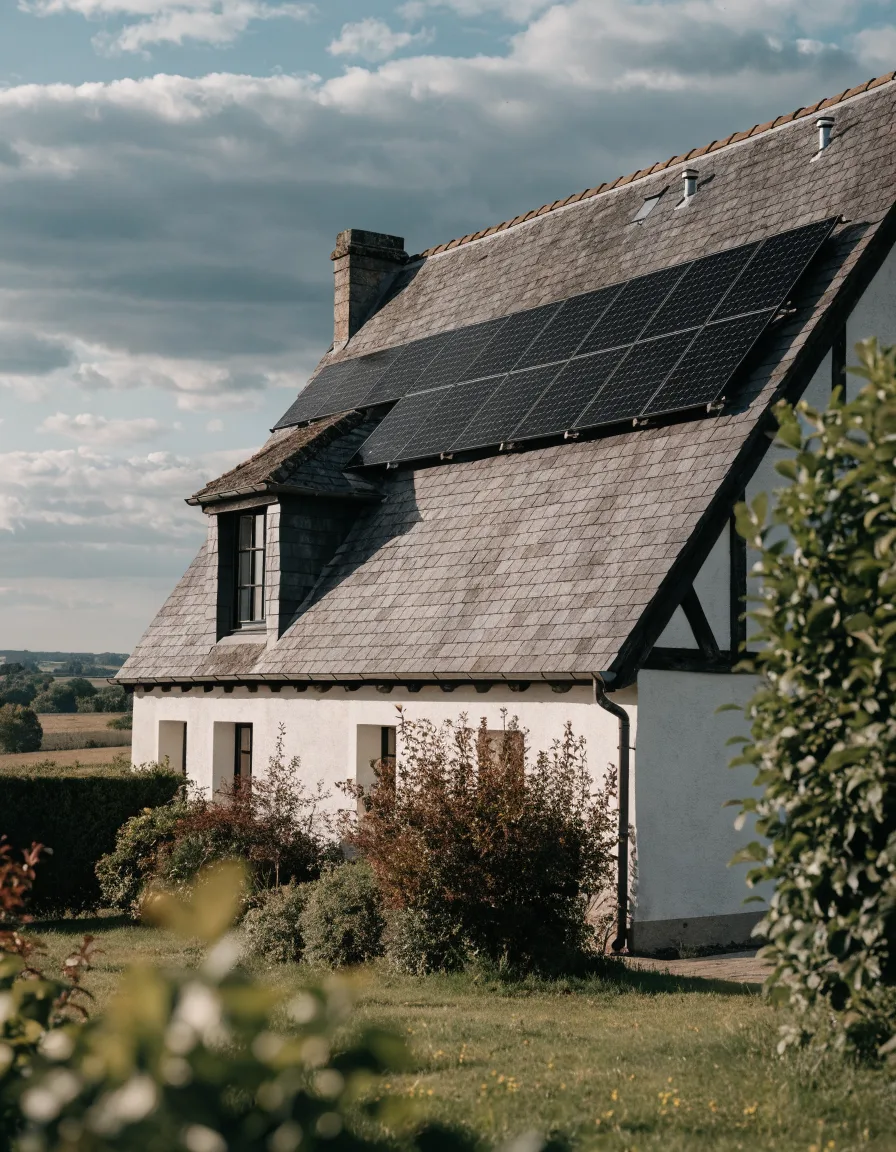 Panneaux solaires installés en toiture sur une maison en Normandie par ECOTHIB